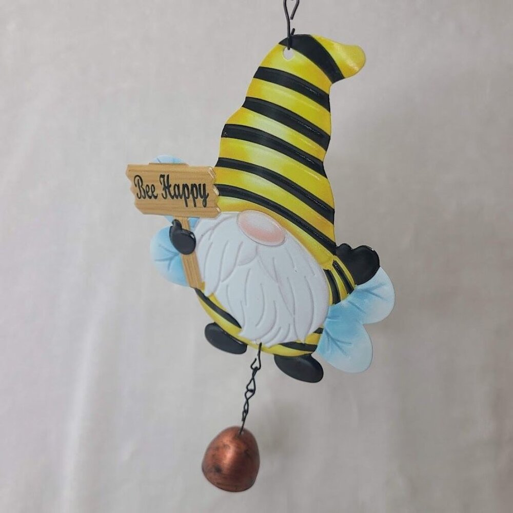 Bee Happy Gnome Metal Hanging Decor with Bell Garden Porch Ornament - Picture 4 of 7